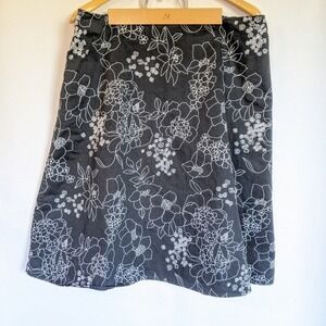 Tribu‎ Black White Floral Line Art A-Line Midi Skirt Size 14 Cotton Blend